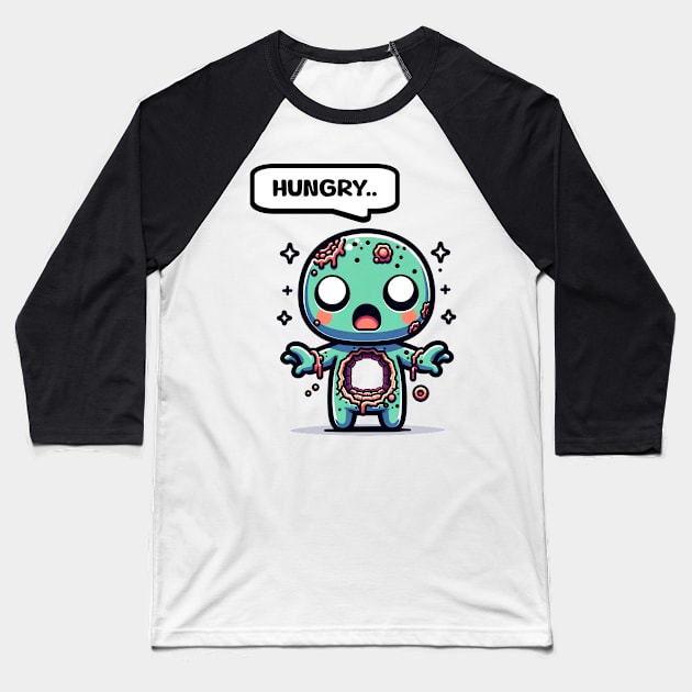 Cute Hungry Zombie Baseball T-Shirt by Doodles of Darkness